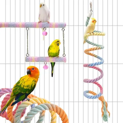 Productafbeelding van Set van 2 vogelkooi-accessoires: een klimtouw met kleurverloop, 25 cm, en een klimtouw, 150 cm
