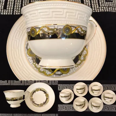 Produktbild von Medusa Service Kaffee Kombiservice für 6 Personen Tassen Geschirr Tafel Set Porzellan Gold mit Styl NEUHEIT Sehr EDEL Mäander