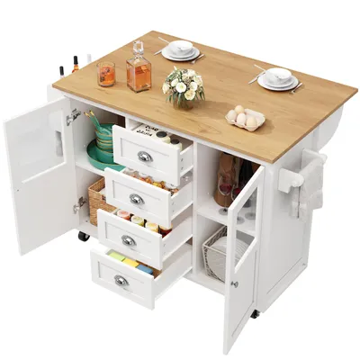 Produktbild von Kücheninsel,Buffetschrank,ausziehbarer Küchenwagen mit Rollen, Handtuchhalter, Gewürzregal, verstellbaren Einlegeböden, zwei Türen, vier Schubladen, weiß, 73,00 cm, 92,50 cm, MDF + Metall