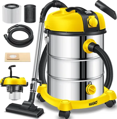 A yellow and silver industrial wet/dry vacuum cleaner with various accessories displayed around it on a white background.
