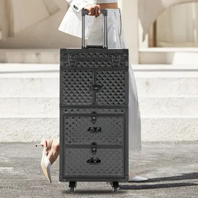Produktbild von Friseur Trolley-Koffer - Salonwagen - 4 Ebenen - Wasserwürfel-Design - Teleskopgriff 80 cm - Traglast 15 kg - Aluminium/ABS/Eisen - Armygrün
