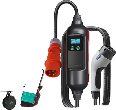 Obrázek produktu pro Přenosná nabíječka EV, výkon 11 kW, nastavitelný proud od 6 A do 16 A, adaptér 11 kW a 16 A, TYPE2