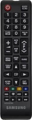A black Samsung remote control is shown against a black background.