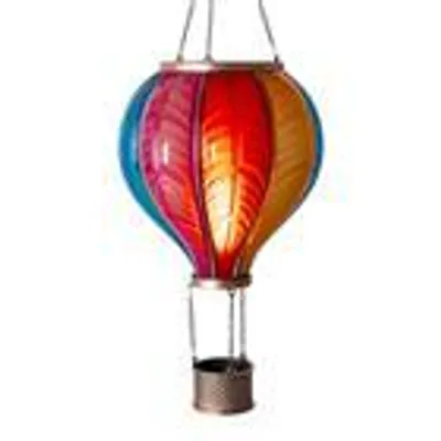 Produktbild von LED Solar Heißluftballon mit Flammeneffekt Beleuchtung | Laterne mit 12 warm-weißen Licher | Solarleuchte zum Aufhängen | inkl. Metallkette | ca. Ø 10,8 cm | Gesamthöhe ca. 38 cm (S - Regenbogenfarben)