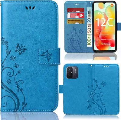 Produktbild von Handy Tasche für Xiaomi Redmi 12C Schutz Hülle Handyhülle mit Blumenmuster Klapp Hülle mit Standfunktion und Kartenfächer Blau