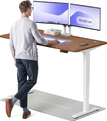 Produktbild von Desktronic HomePro Elektrisch höhenverstellbarer Schreibtisch 160x80cm Weiß/Walnuss mit Memory-Funktion, Anti-Kollisions Technologie, USB-A und USB-C-Ladeanschlüssen