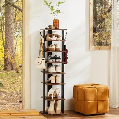 Image de Étagère à chaussures en bois à 8 niveaux avec crochets, style vintage, cadre métallique marron/noir, pour le salon ou l'entrée