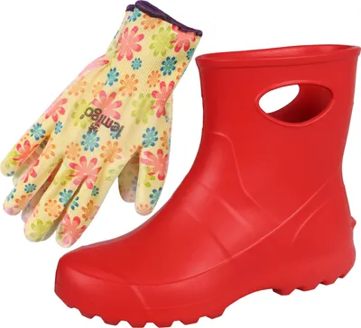 Produktbild von Rote Gartenstiefel aus Schaumstoff für Damen + Gartenhandschuhe mit Blumenprint 40 EU / 6.5 UK