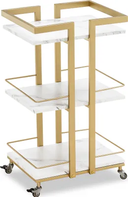 Produktbild von M MCombo Servierwagen mit Rollen, Küchenwagen Barwagen Metallgestell Weiß-Gold, Moderne Rollwagen Mehrzweckwagen mit 3 Ebenen, für Küche Bad Wohnzimmer Büro, 48*43*76cm, 0033