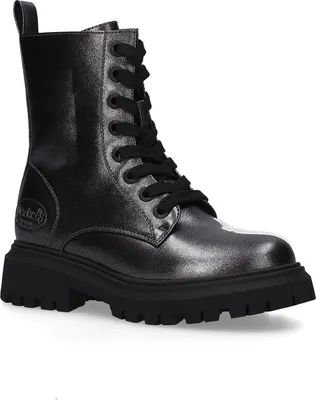 A single metallic gray boot with black laces and a black sole is shown against a white background.