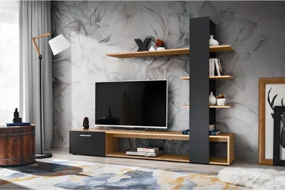 Produktbild von Wohnzimmer TV-Wohnwand mit 190 cm Breite, in Eiche mit Schwarz - EIBAR-164