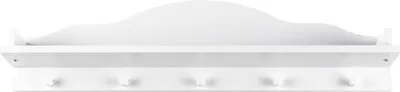 A white shelf with hooks against a white background.