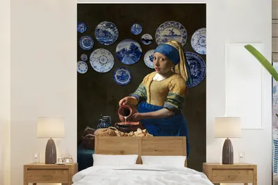 Produktbild von MuchoWow® Fototapete für Wohnzimmer oder Schlafzimmer Wandtapete Vinyl Motivtapete Milchmädchen - Mädchen mit Perlenohrring - Delfter Blau - 180x280 cm - Wallpaper