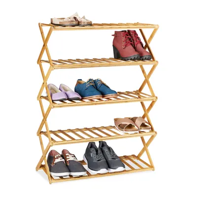 Zdjęcie produktu dla Składana półka na buty Relaxdays, 5 poziomów, 15 par butów, do domu i na kemping, stojak na buty z bambusa, wymiary 89 x 65 x 26 cm, kolor naturalny
