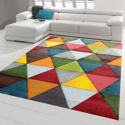 Produktbild von Moderner Teppich Wohnzimmer abstraktes Design buntes Dreieckmuster rot grün orange - pflegeleicht Größe - 160 x 230 cm