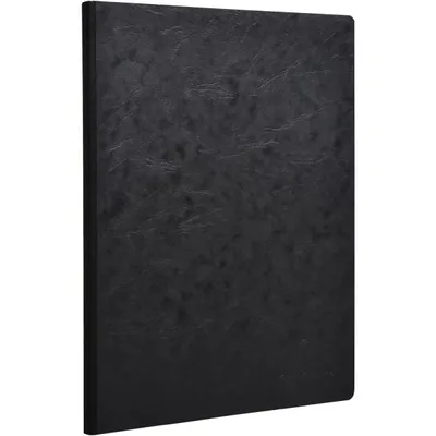 A black notebook with a textured cover is shown from a side angle against a white background.