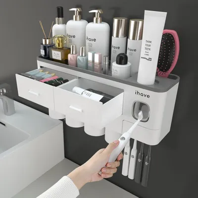 Immagine prodotto di Portaspetini da parete con dispenser per dentifricio e cassetto, set organizer, 4 bicchieri, bianco