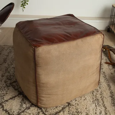 Produktbild von Retro Design Sitzpouf MUSTANG 45cm Lederbezug mit Leinen Sitzwürfel Sitzhocker