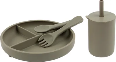 Produktbild von 3pc Silberner Salbei Baby Silikon Saugen Fütterung Set - Kinder Kleinkind Bleiben Sie Dran Entwöhnung Lebensmittelbehälter Teller - Von Tiny Dining