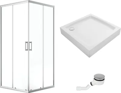 A shower enclosure, shower tray, and drain are displayed against a white background.