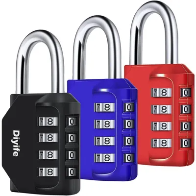 Immagine prodotto di Set di 3 lucchetti a combinazione a 4 cifre, resistenti agli agenti atmosferici, in metallo, colore nero, rosso e blu