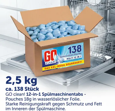 Produktbild von 2,5 kg ca. 138 Stück GO clean! 12-in-1 Spülmaschinentabs - Pouches 18g in wasserlöslicher Folie. Starke Reinigungskraft gegen Schmutz und Fett im Inneren der Spülmaschine.