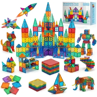 Image de SURFOU 58 : Tuiles magnétiques pour enfants, jouet STEM, jouet Montessori, jouet sensoriel, jeux pour enfants, blocs de construction magnétiques pour garçons et filles, adaptés aux enfants de 3 à 8 ans