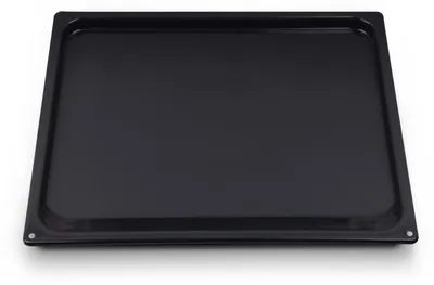 A black oven baking tray is presented on a white background.