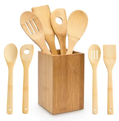 Produktbild von Relaxdays Kochlöffelset Bambus 5-teilig, je 30 cm, Holzlöffel, Rührkelle, Lochkelle, Pfannenwender, mit Halter, natur