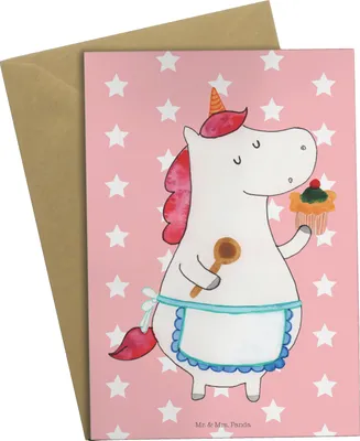 Produktbild von Mr. & Mrs. Panda Glückwunschkarte Einhorn Küche - Rot Pastell - Geschenk, Unicorn, hochzeitskarten, Träumen, einladungskarten, Muffin, osterkarten, osterkarte, Einhörner