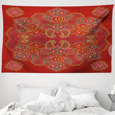 Produktbild von ABAKUHAUS Red Mandala Wandteppich, Persian Paisley aus Weiches Mikrofaser Stoff Waschbar ohne Verblassen Digitaldruck, 230 x 140 cm, Bordeauxrot Weiß
