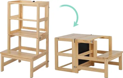 Produktbild von Lernturm für Kinder klappbarer Lernstuhl mit höhenverstellbaren Ebenen, Kreidetafel, Naturfarben