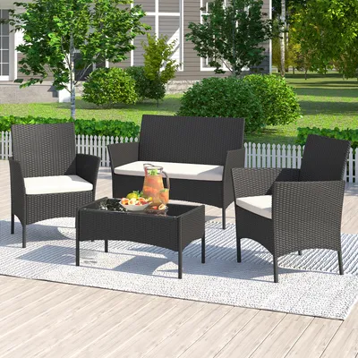 Immagine prodotto di Set di mobili da giardino 4 pezzi Per uso esterno in rattan, set di mobili da giardino per 4 persone, composto da 1 divano, 2 poltrone, 1 tavolo, colore nero