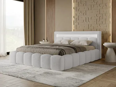 Produktbild von Chilly Möbel Design Bett Lumi - Polsterbett mit Bettkasten und LED-Beleuchtung 200x200 cm / Bouclé / Grau