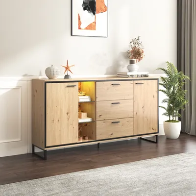 Immagine prodotto di Credenza Sweiko (con ripiani in vetro e illuminazione LED), credenza con 3 cassetti e 2 ante, 160 x 40 x 85 cm