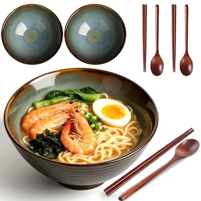 Ramen-Schalen Set 2er, 1200 ml, Keramik, mit Stäbchen & Löffeln, Retro-Türkis