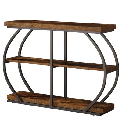 Zdjęcie produktu dla Stolik konsolowy Tribesigns, industrialny 3-poziomowy stolik wejściowy z zakrzywioną metalową ramą 105*30*80 cm, do salonu, przedpokoju, rustykalny brązowy