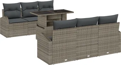 Produktbild von Möbel 7-teiliges Garten Sofa Set mit Kissen Grau Poly Rattan, 2-Sitzer Garten Sofa mit Stauraum & Kissen Grau Poly Rattan - Gartensofas 3357302