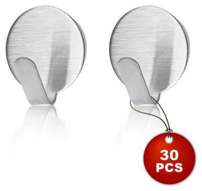 Produktbild von 30 kleine, selbstklebende Haken aus Edelstahl mit Kleberückseite, Küchenhaken, kein Bohren erforderlich, geeignet für Bad, Küche, Wohnzimmer, Büro