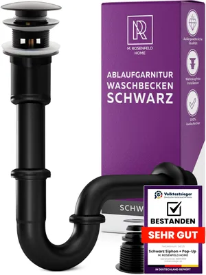 Produktbild von Schwarz Siphon Waschbecken Ablaufgarnitur mit Überlauf, Pop Up + Universal Röhrensiphon Waschtisch Geruchsverschluss aus Messing M. ROSENFELD HOME