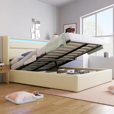 Obrázek produktu pro okwish čalouněná postel – postel 140x200 cm – postel s hydraulickým úložným prostorem – manželská postel s roštem, úložným prostorem a LED, bílá (s dálkovým ovladačem)