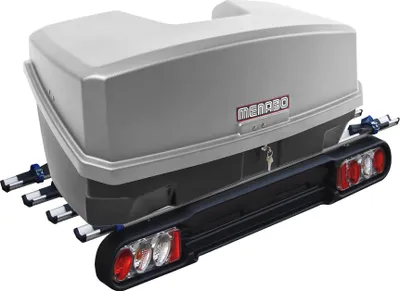 Produktbild von Menabo Kupplungsträger Heckträger Race 4 für 4 Räder  + Transportbox Nekkar 300 Liter silber
