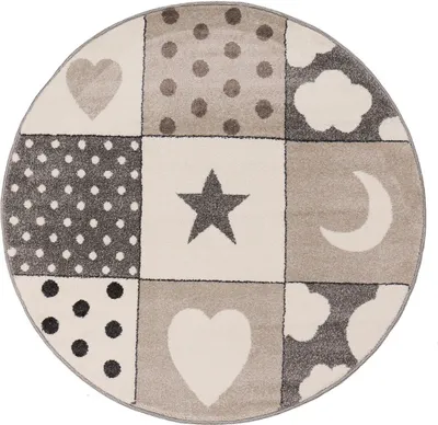 Produktbild von Kinderteppich Babyteppich Patchwork Wolke Herz Sterne Mond Dots | Kinderteppich für Mädchen und Jungs | Teppich für Kinderzimmer | Farbe: Grau Beige & Creme , Maße:Ø 120 cm Rund