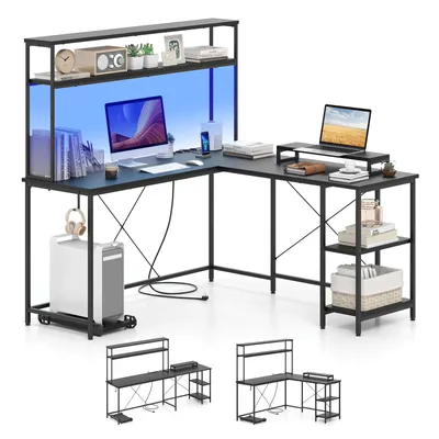 An L-shaped desk with shelves and a monitor stand, set against a white background.