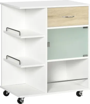 Image de Chariot de cuisine - Chariot de service - 65x39x80 cm - Bois - 1 Tiroir - Porte en verre - Avec roulettes - Blanc