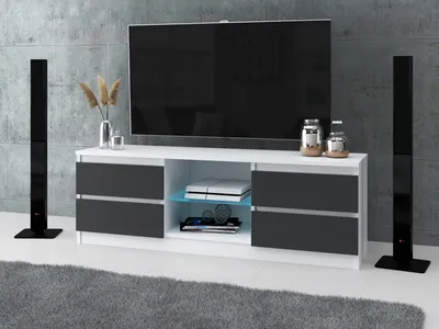 Zdjęcie produktu dla AZ team ® Szafka RTV 138 cm Stolik pod TV Komoda stojąca BIAŁA ANTRACYT 4 szuflady