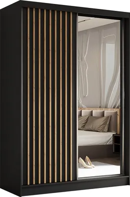 Produktbild von Masseno Schiebetürenschrank LAMELLO 150 cm Kleiderschrank Schlafzimmer Schrank 2-türig mit Spiegel und Lamellen Schwarz