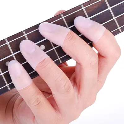 Produktbild von 4 Stück Gitarren Fingerschutz aus Silikon, wiederverwendbare Finger Cots für Gitarren Fingerschutzkappe, Fingerkappen Fingerspitzen Protector für Gitarre, Ukulele, Bass, Akustikgitarre Banjo