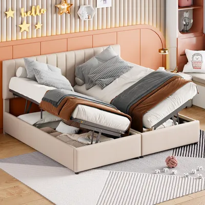 A bedroom scene with two beds, one partially open to reveal storage space underneath. The beds are made with bedding and pillows. Decorative elements like stars and the word 'hello' are on the wall behind the beds.