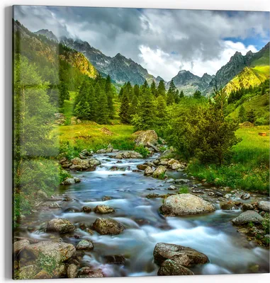 Produktbild von DEQORI Glasbild Echtglas 30x30 cm 'Idyllischer Bergfluss' Wandbild Bild modern Deko